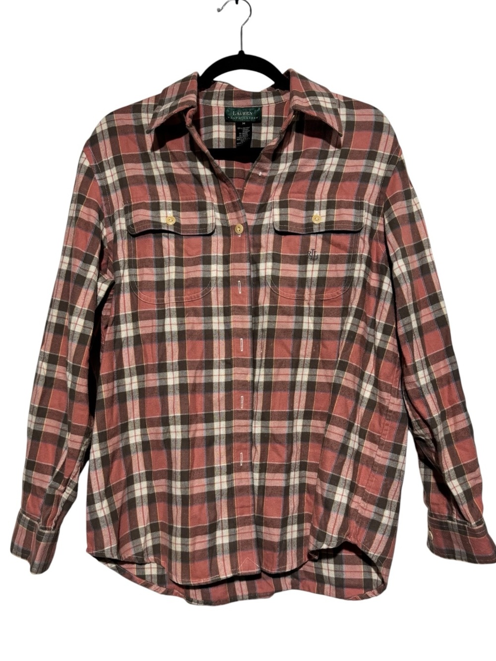 Ralph Lauren Plaid Flannel Button Up Size Medium Fall 100% Cotton Pink Brown